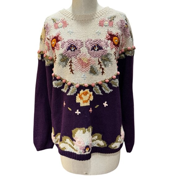 Vintage Hand-Knit Floral Cotton Sweater – Jennifer Reed Style  Made in Hong Kong - Picture 1 of 4